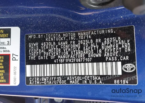 2015 Toyota Camry Se from USA, damaged, VIN 4T1BF1FK2FU877107